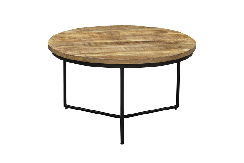 32" Solid Wood And Iron Round Distressed Cross Legs Coffee Table - Black And Natural