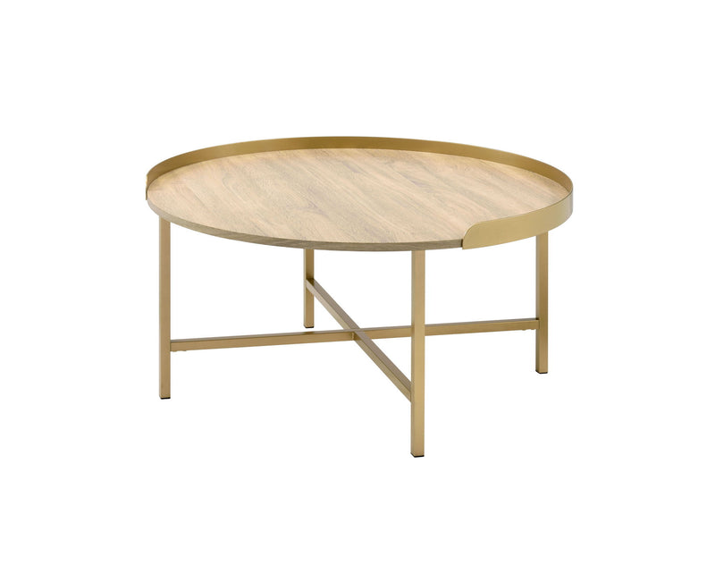 Manufactured Wood And Metal Round Coffee Table - Gold And Oak
