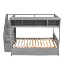 Load image into Gallery viewer, Twin over Full Bunk Bed with Shelfs, Storage Staircase and 2 Drawers, Gray
