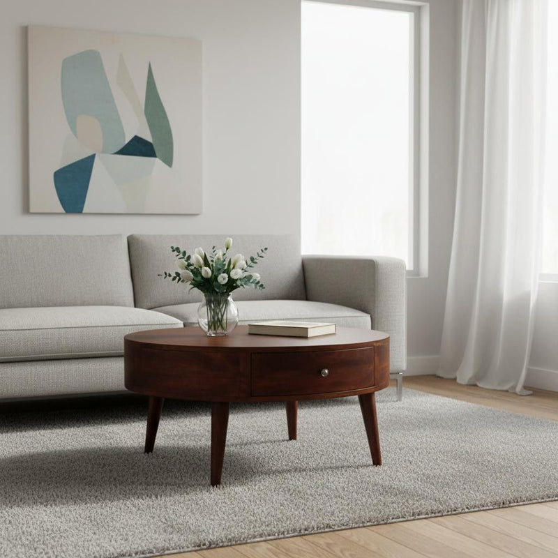 Solid Wood Round Coffee Table With Two Drawers - Chestnut