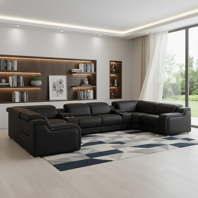 Leather Power Reclining U Shaped 8 Piece Corner Sectional With Console - Black