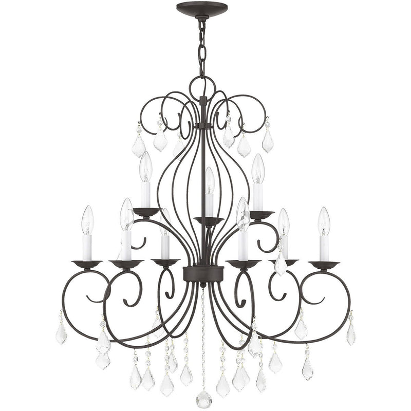 Nine Light Metal Dimmable Chandelier With Shades - Bronze / Clear