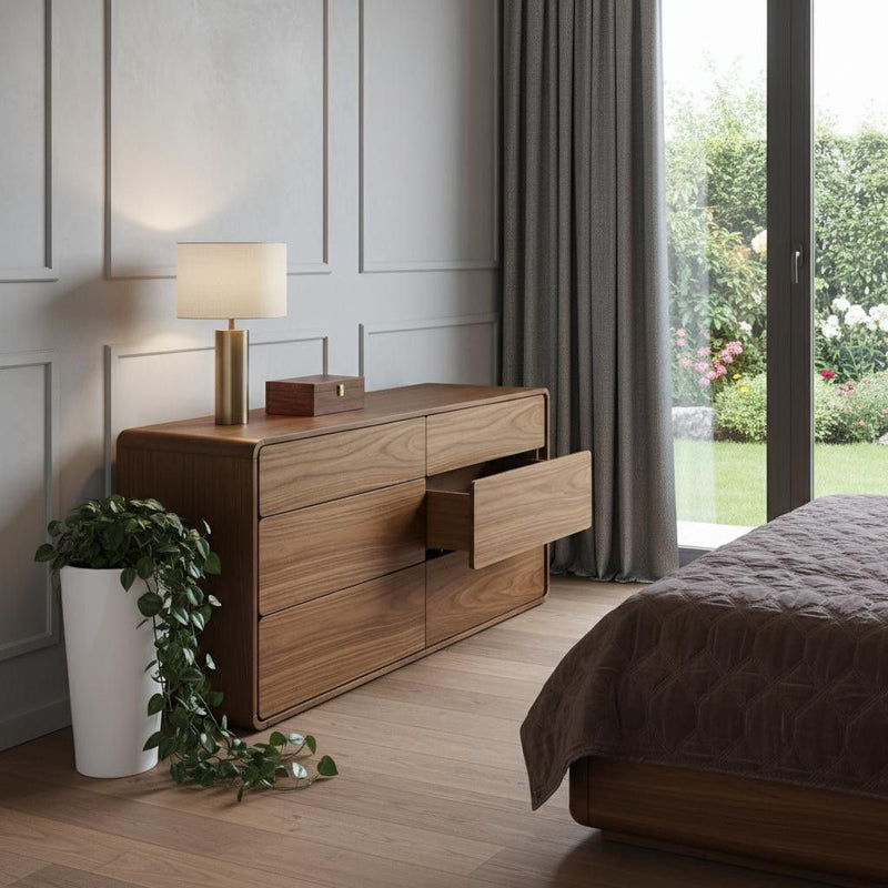 Solid Wood Six Drawer, Double Dresser - Walnut