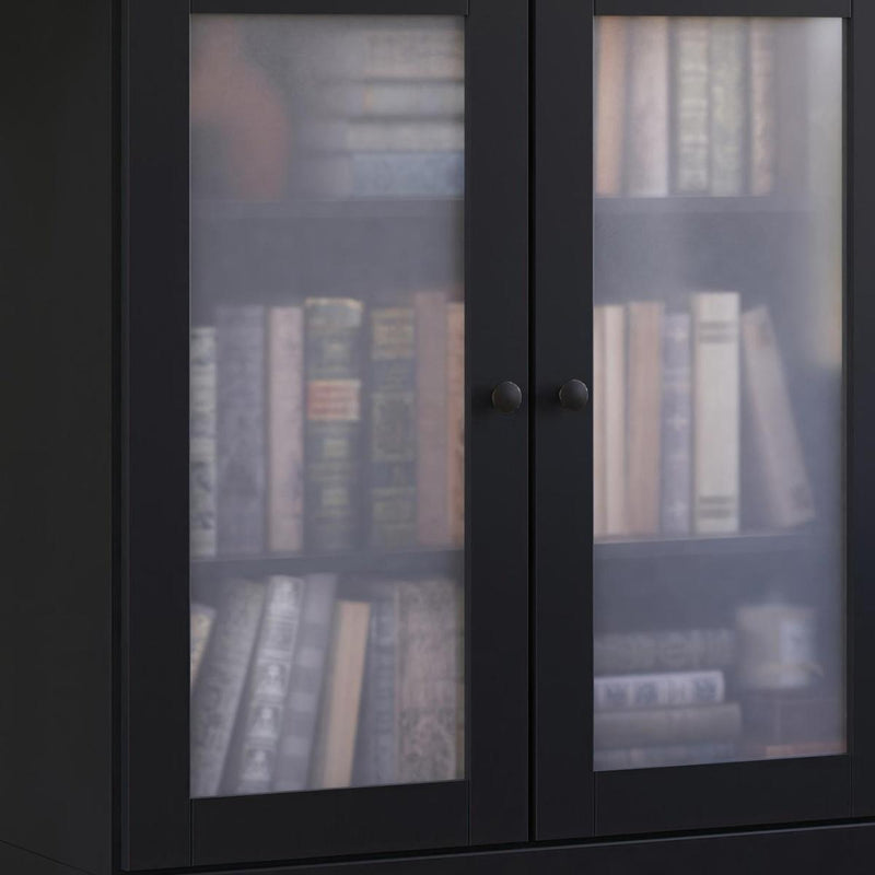 Solid Wood Adjustable Three Tier Library Bookcase With Two Doors - Black