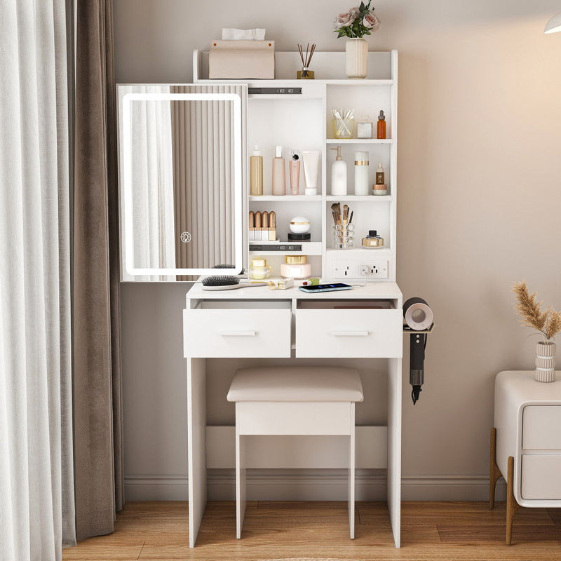 Wood Mirrored Two Drawer Vanity Table Lights - White