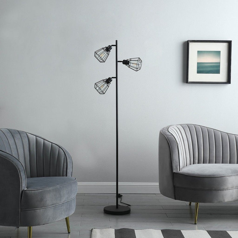 Three Light Tree Floor Lamp With Black Metal Cage Shade - Black