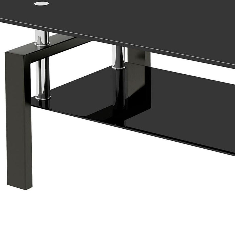 39" Glass And Steel Coffee Table With Shelf - Black