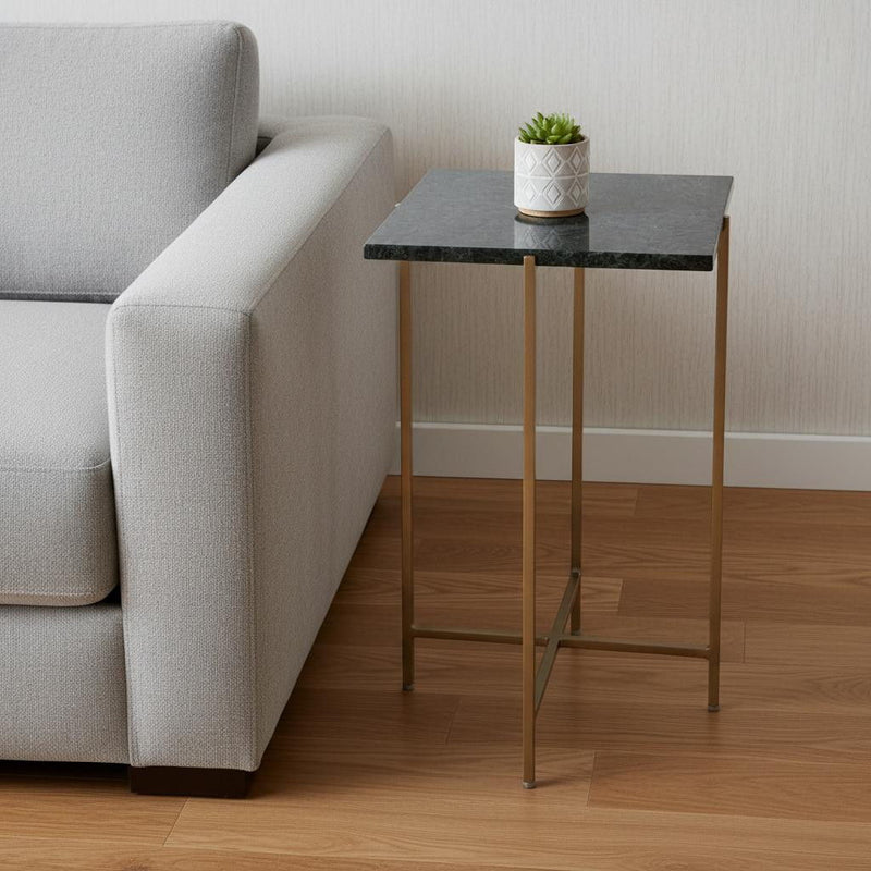 21" Marble And Iron Square End Table - Green And Gold