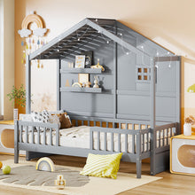 Load image into Gallery viewer, House Bed With Shelves, Window And Sparkling Light Strip On The Roof
