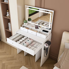 Load image into Gallery viewer, Modern Makeup Vanity Set With Power Outlet, Hair Dryer Holder, And Adjustable Lighting
