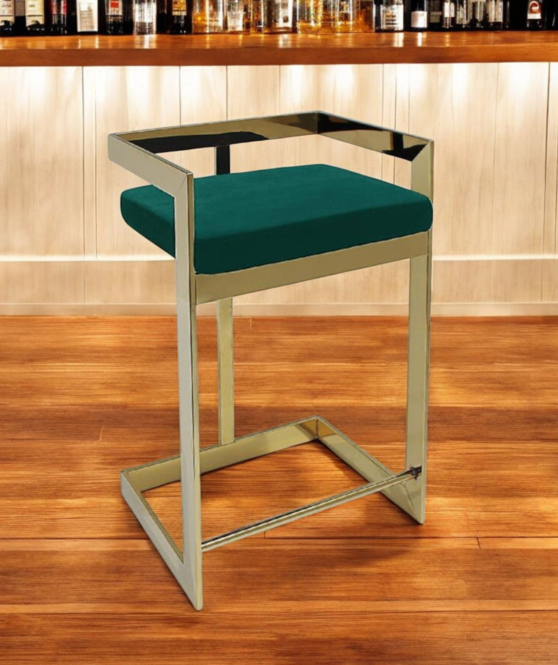 Velvet And Stainless Steel Low Back Counter Height Bar Chair - Green And Gold
