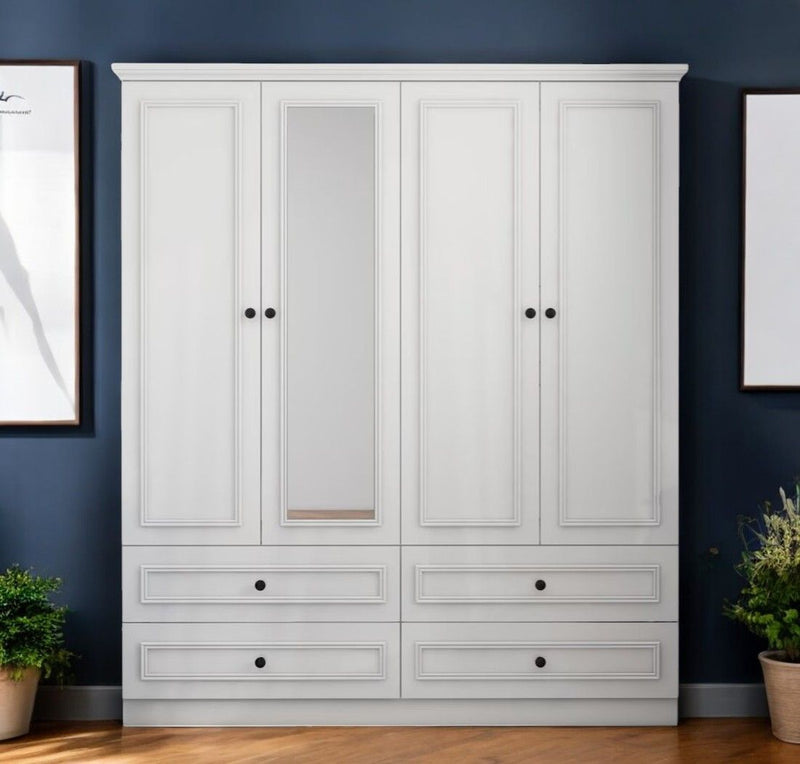 71" Carved Geometric Mirro Four Door Four Drawer Combo Dresser - White