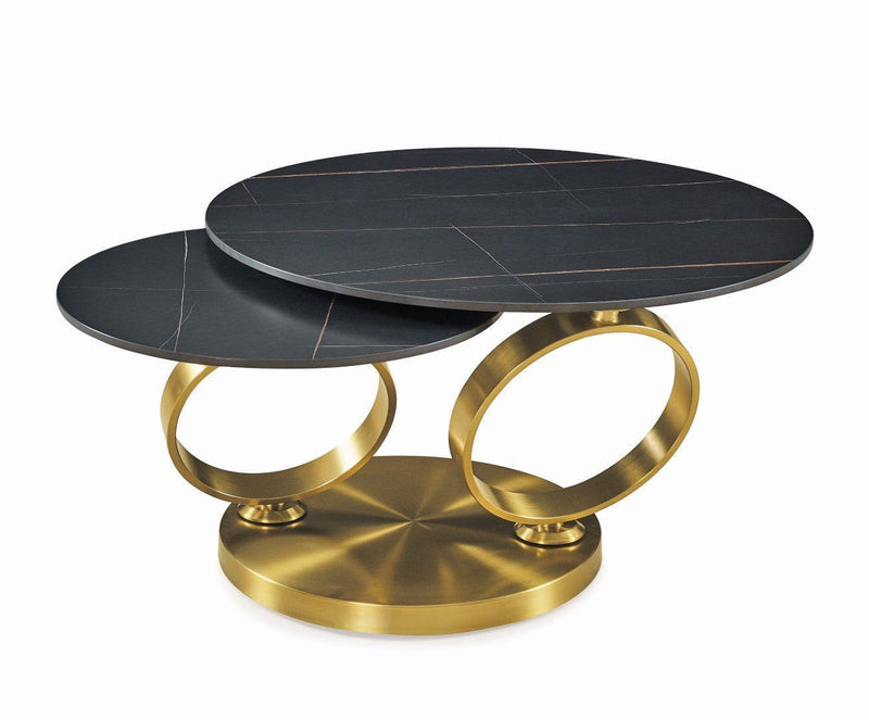 32" Ceramic Tile And Metal Round Distressed Abstract Coffee Table - Black And Gold
