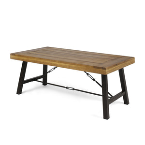 Outdoor Acacia Wood Coffee Table, Teak Finish / Rustic Metal Brown and Black, 27.25"D x 45.75"W x 18"H