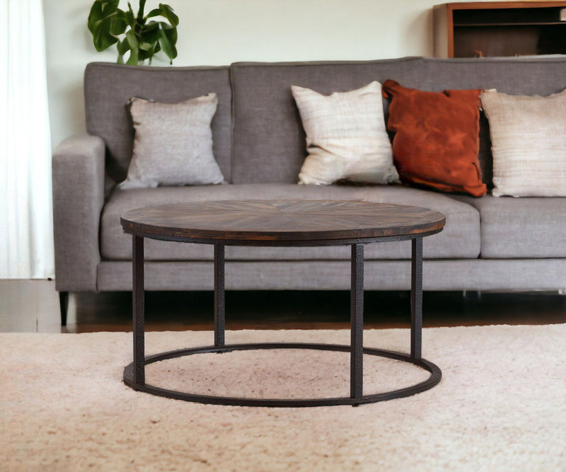 Reclaimed Wood And Metal Round Coffee Table - Brown