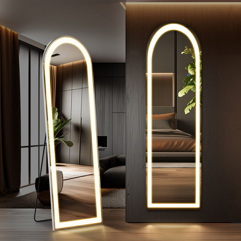 60" Glass Arch Lighted Wall Mounted And Freestanding Framed Full Length Mirror - Silver