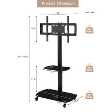 Load image into Gallery viewer, Height And Angle Adjustable Multi-Function Tempered Glass Metal Frame Floor With Lockable Wheels Mobile TV Stand, Lcd / Plasma TV Bracket 2 Tier Tempered Glass Shelves For Multiple Media Devices - Black
