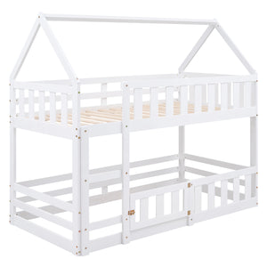 Twin over Twin House Bunk Bed with Fence and Door, White