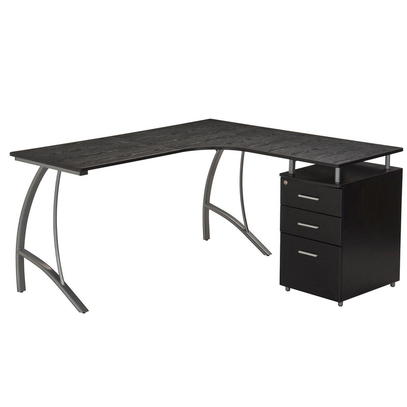 Stainless L Shape Trestle Computer Desk With Two Drawers - Espresso / Silver