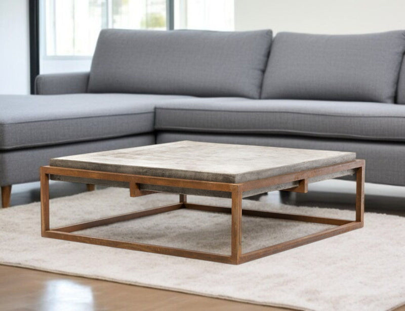 Concrete And Iron Square Abstract Coffee Table - Dark Gray / Rust