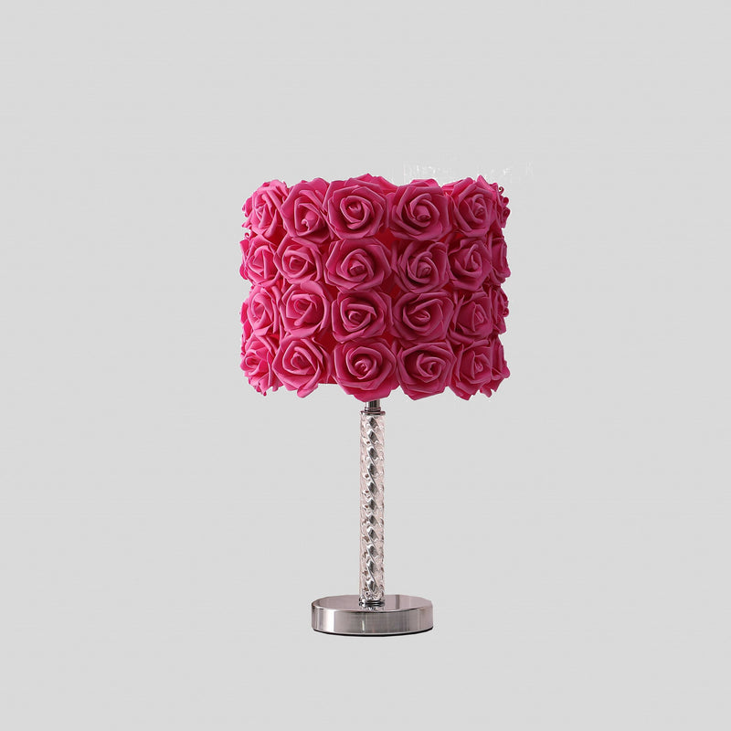 Bedside LED Table Lamp With Red Flowers Drum Shade - Silver