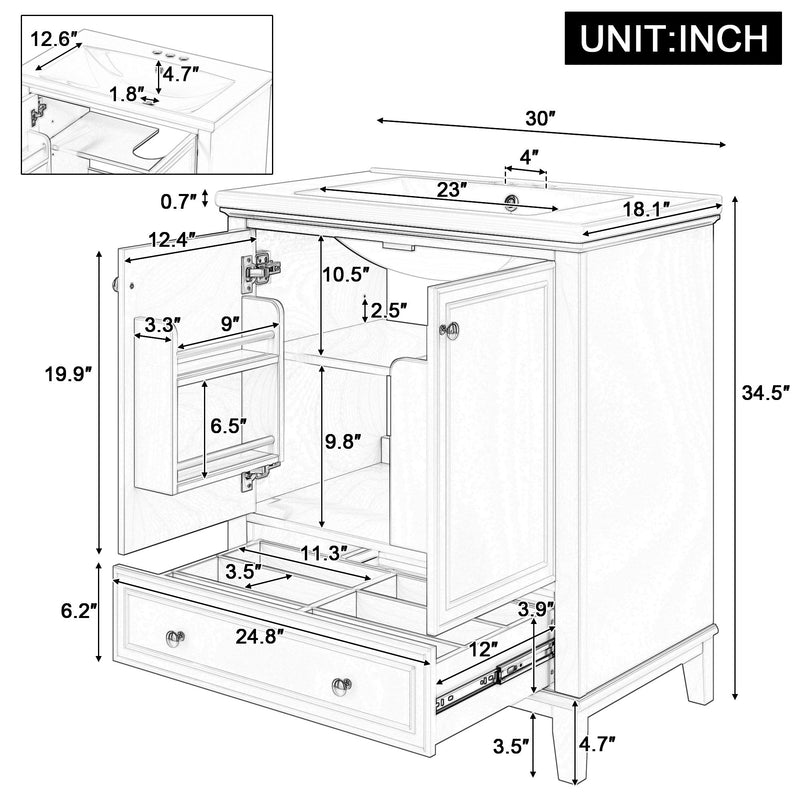 30" Bathroom Vanity With Sink Combo Undermount Sink, Cabinet With Doors And Drawer - White