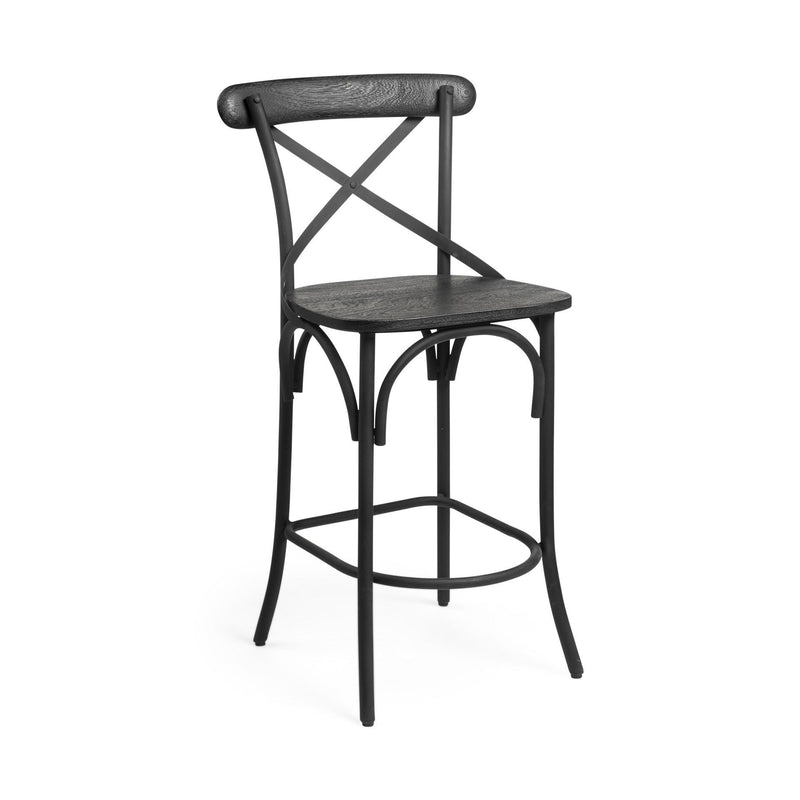 26" Cottage Solid Wood And Iron Counter Height Bar Chair - Black