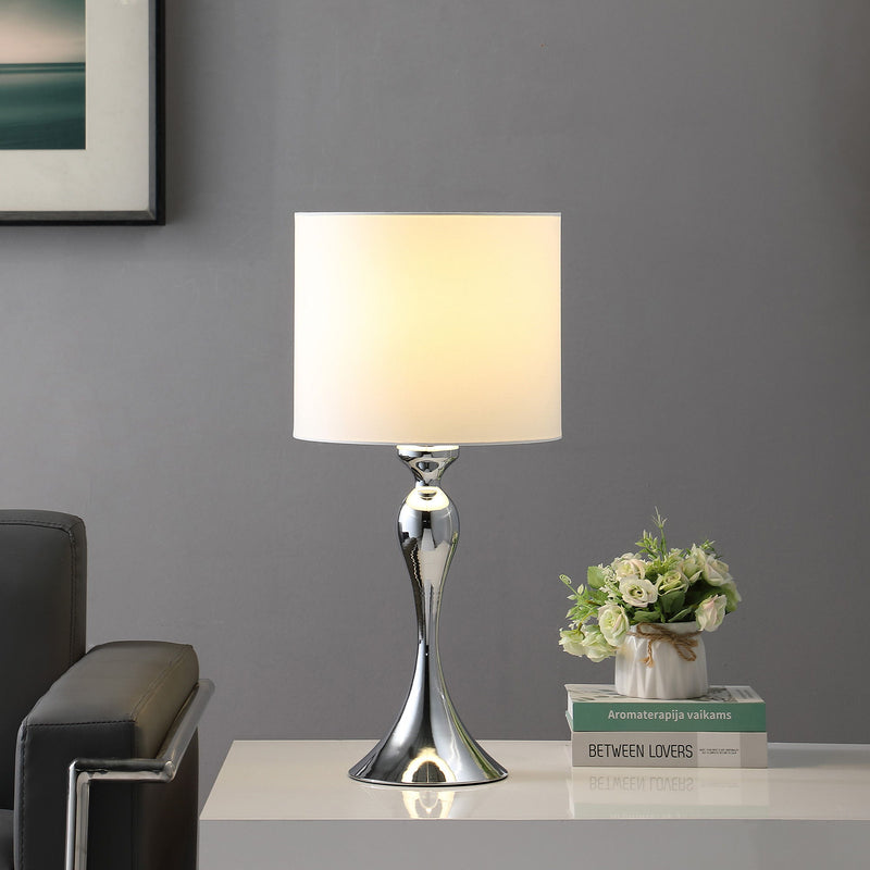 Sleek Table Lamp With Off-White Drum Shade - Silver