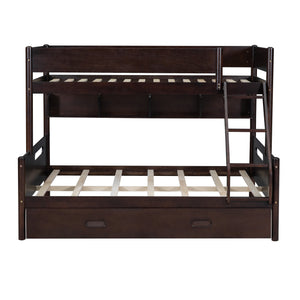 Wood Twin over Full Bunk Bed with Storage Shelves and Twin Size Trundle, Espresso