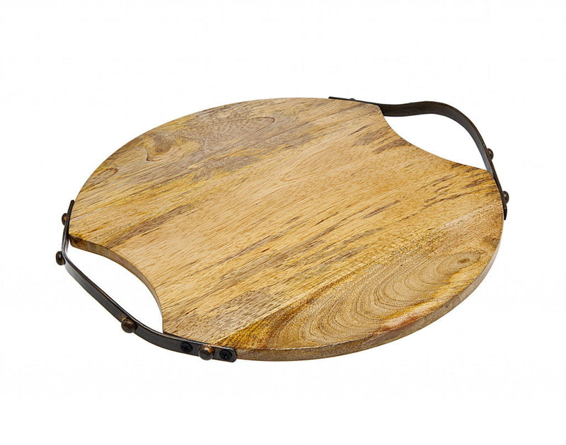 13" Round Wood And Metal Tray - Brown