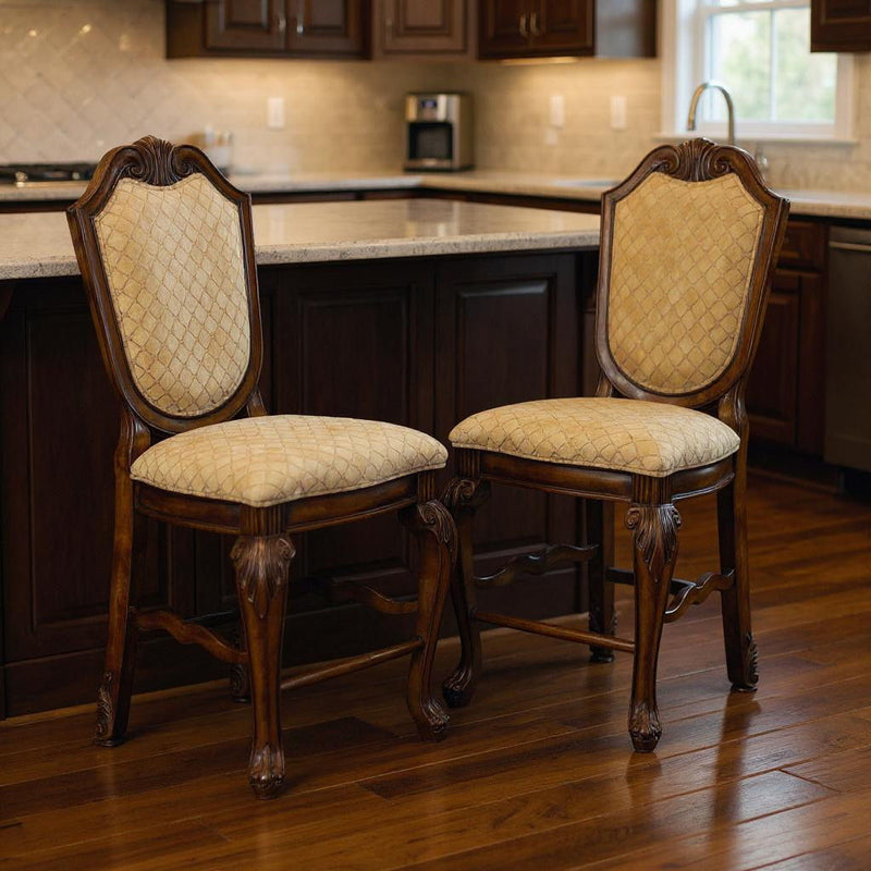 Fabric And Solid Wood Counter Height Bar Chairs (Set of 2) - Beige / Espresso