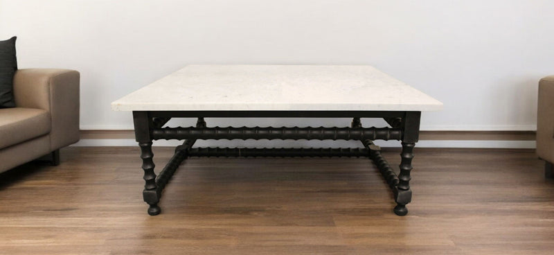 48" Genuine Marble And Solid Wood Square Coffee Table - Black And White