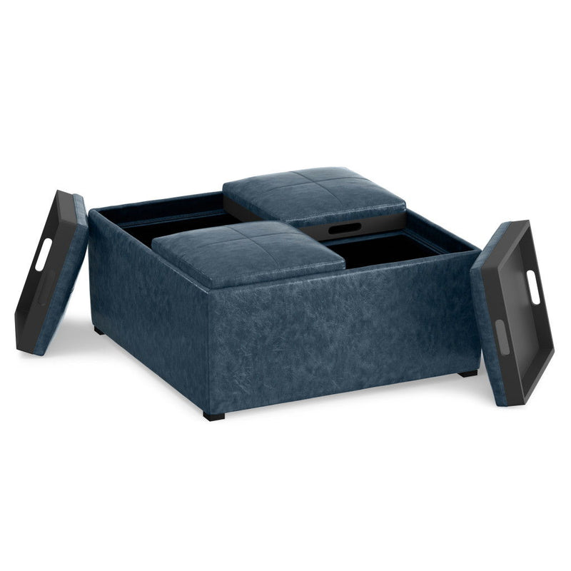 Leather Cocktail Ottoman With Storage - Blue / Dark Brown