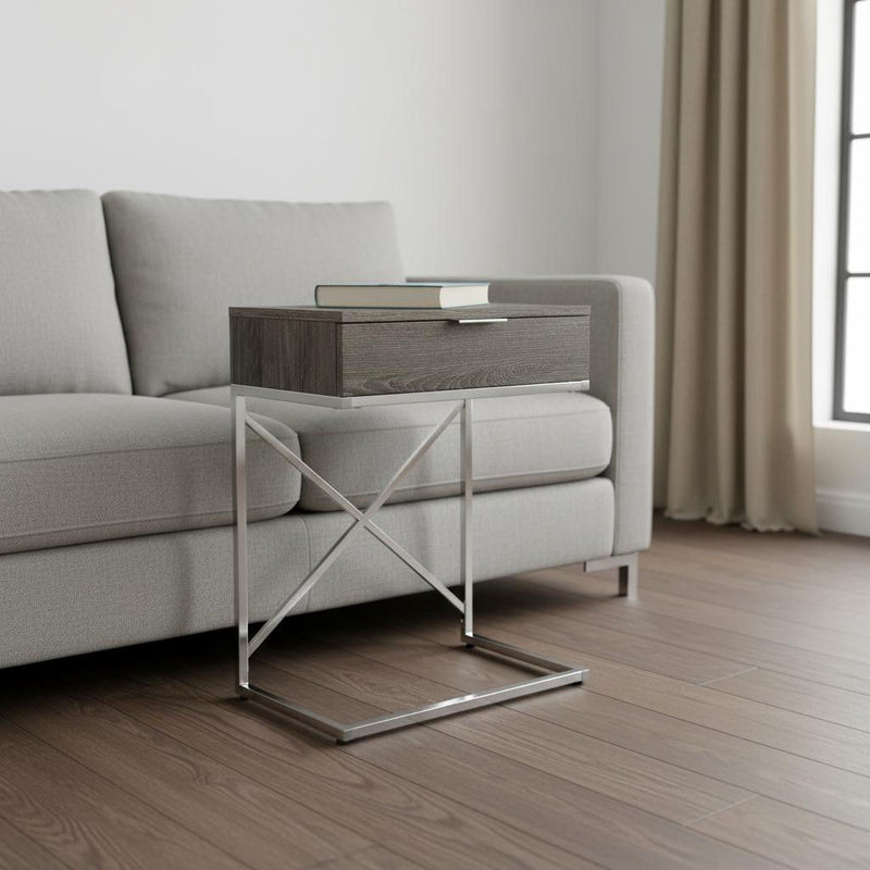 Wood And Metal End Table With Drawer - Silver And Taupe