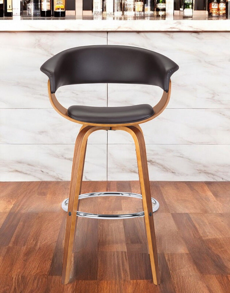 Faux Leather And Solid Wood Swivel Low Back Bar Height Bar Chair - Brown