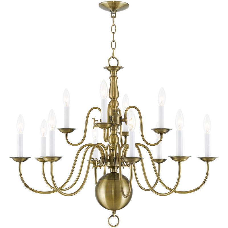 26" Twelve Light Dimmable Chandelier With Shades - Antiqued Brass