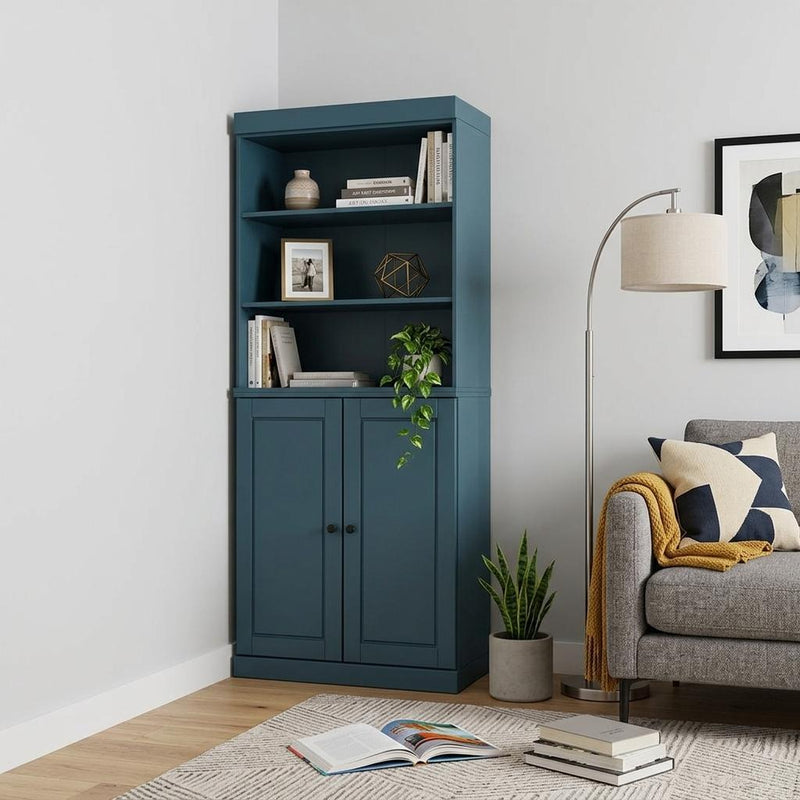 Solid Wood Adjustable Six Tier Library Bookcase With Two Doors - Teal Blue