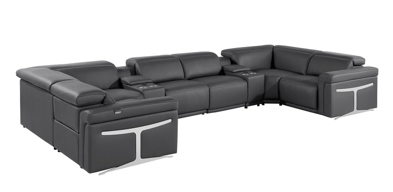Leather Power Reclining U Shaped Eight Piece Corner Sectional With Console - Dark Gray