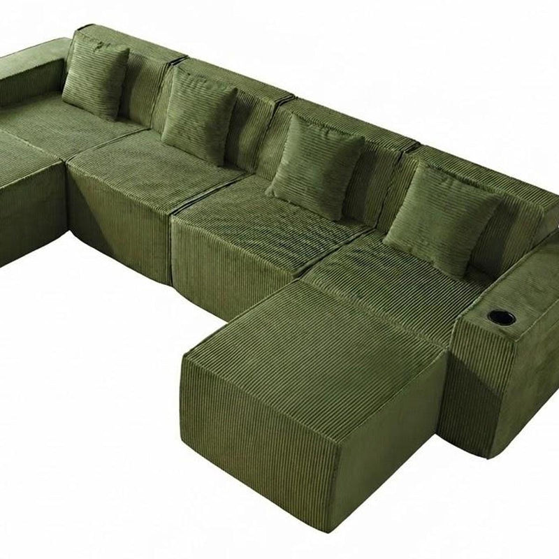 Corduroy Modular Sofa With Ottoman And Toss Pillows - Green