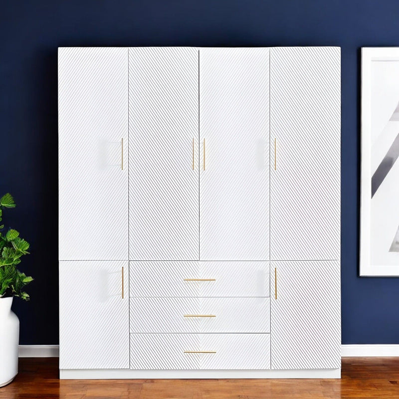 74" Carved Geometric Six Door Three Drawer Combo Dresser - White