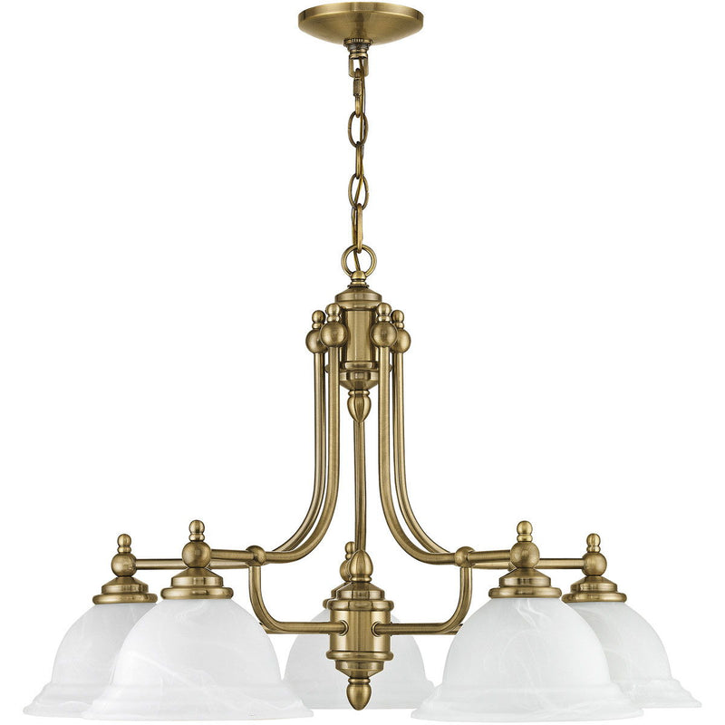 Five Light Metal Dimmable Chandelier With Shades - Antiqued Brass / White