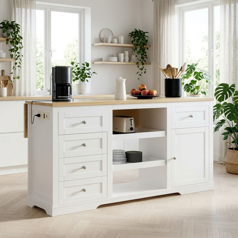 Drop Leaf Kitchen Island With Storage, Power Outlet & Pet Bowl Drawer - White / Light Oak