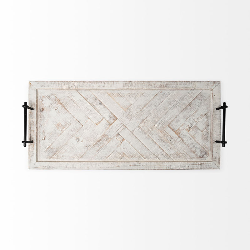 35" Wood Indoor Outdoor Tray With Handles - White / Natural