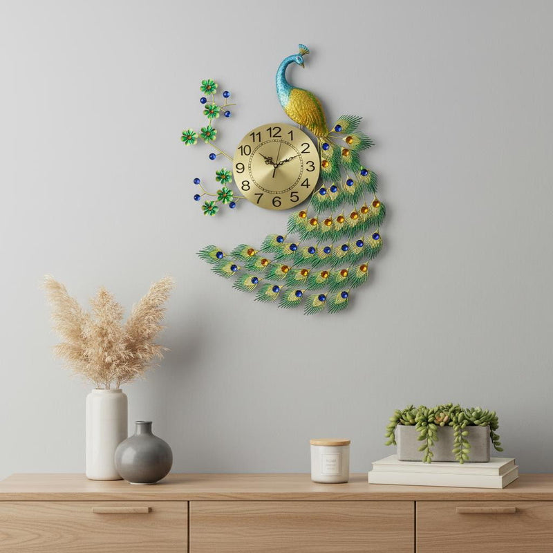 Silent Analog Peacock Novelty Wall Clock (626357) - Gold / Blue / Green
