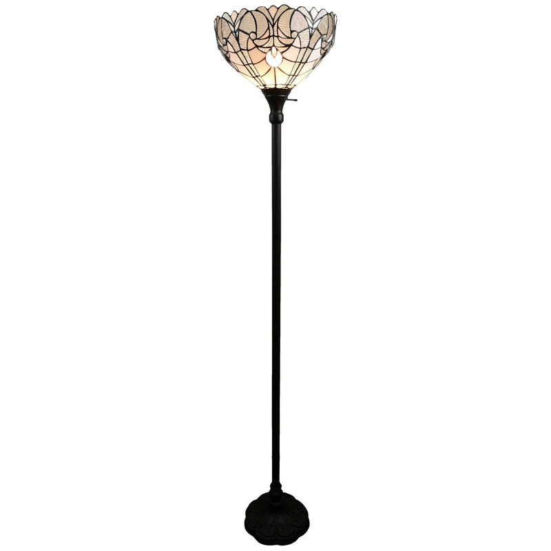 14" x 14" x 62" Traditional Shaped Floor Lamp With White Stained Glass Bowl Shade - Brown