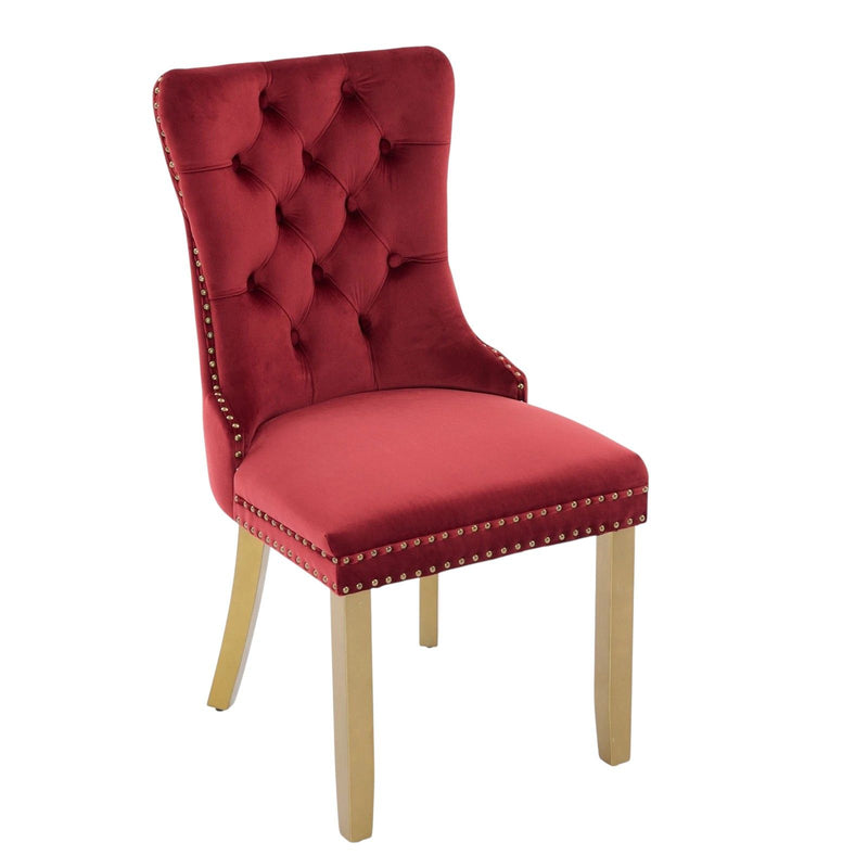 Tufted Velvet Solid Wood Dining Side Chairs (Set of 2) - Gold / Red