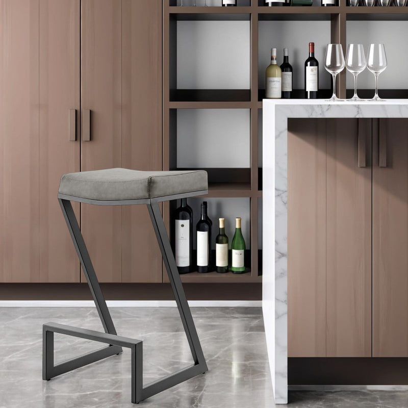 30" Faux Leather And Iron Backless Bar Height Bar Chair - Gray / Black