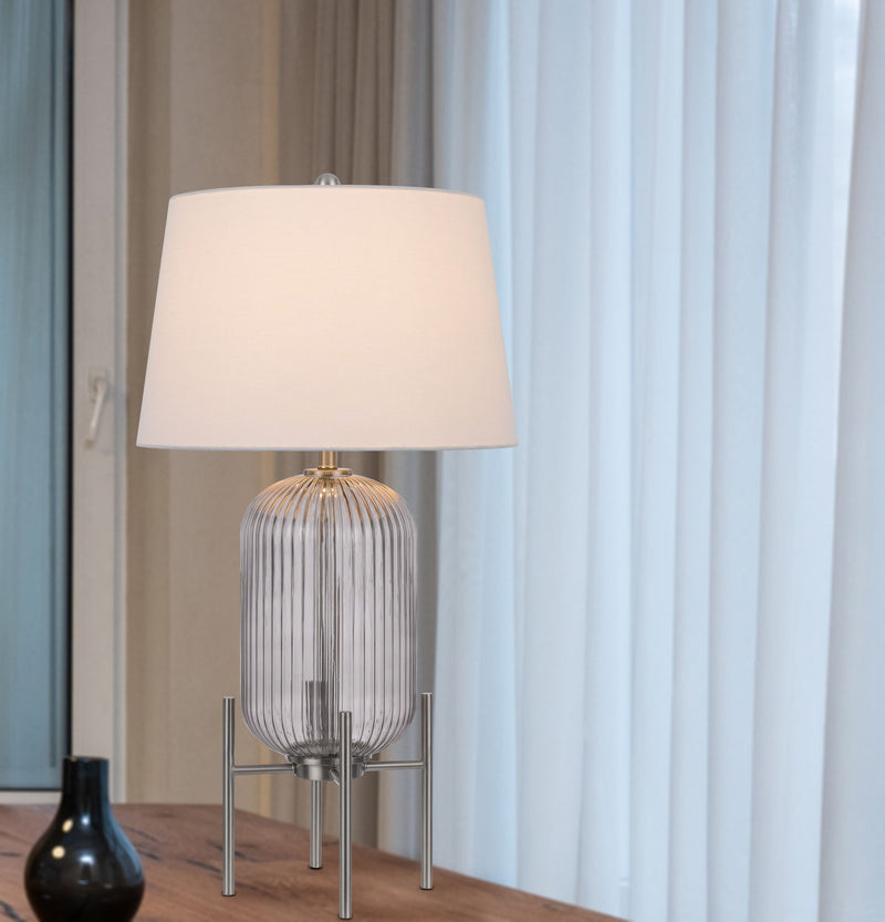 Glass Round Table Lamp With White Empire Shade - Nickel
