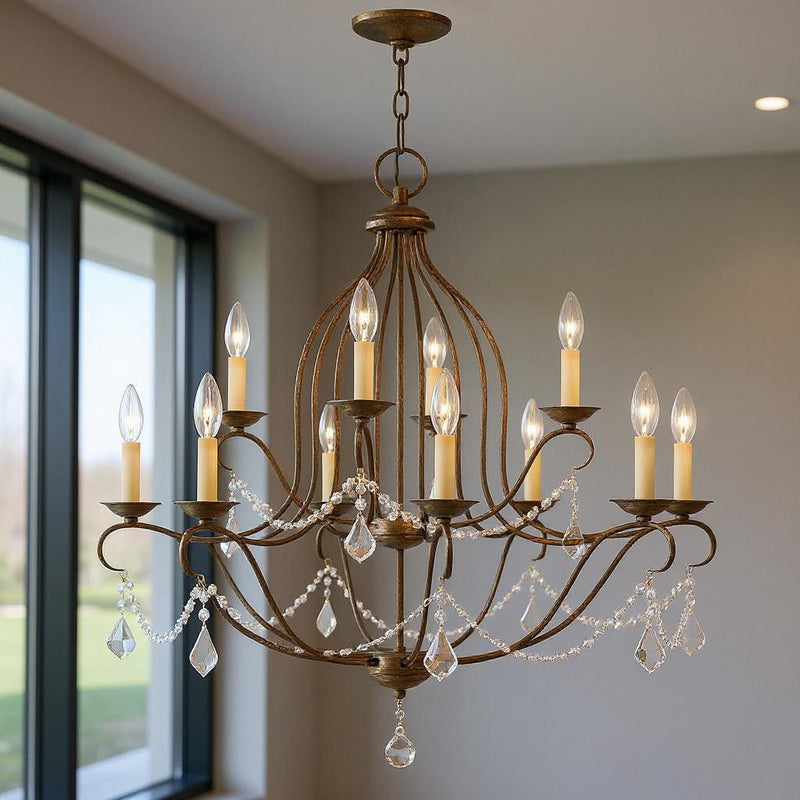 33" Twelve Light Dimmable Chandelier With Shades - Bronze