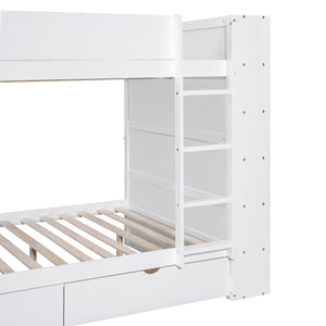 Full over Full Bunk Bed With 2 Drawers and Multi-layer Cabinet, White